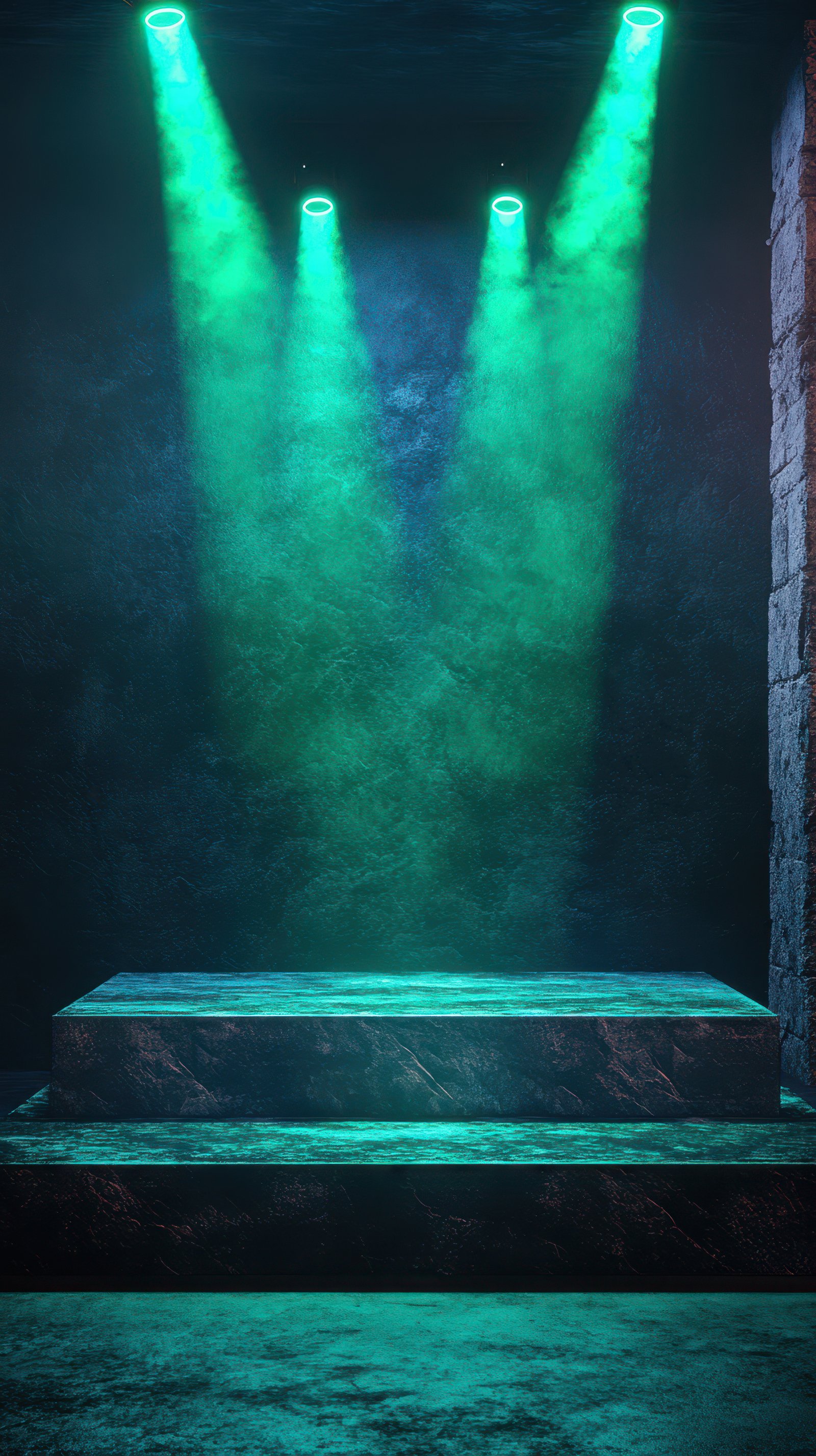 Stage illuminated by green spotlights with smoke effects in dimly lit environment suitable for performance or event